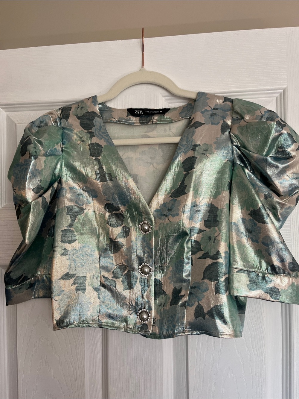 ZARA Metallic Green Floral Puff-Sleeve Crop Top